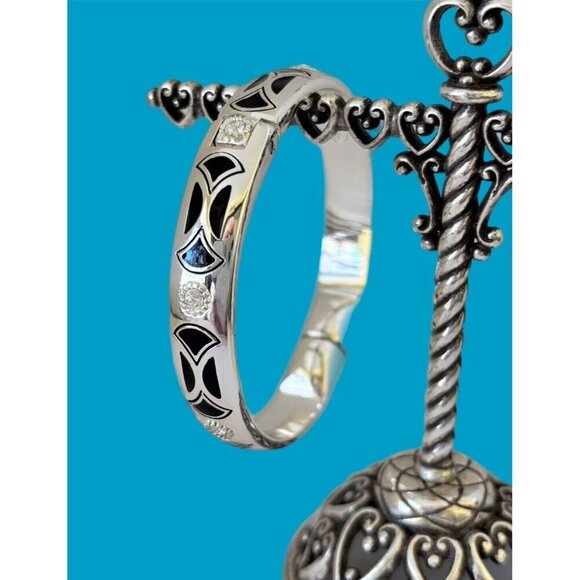 Brighton CAPELLA Silver Crystal Black Enamel Hinged Bangle Bracelet - Picture 1 of 6
